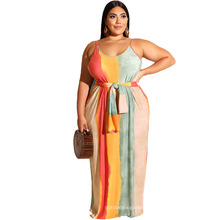 2021 Women Plus Size Clothing Striped Loose Girdle Dress with Belt